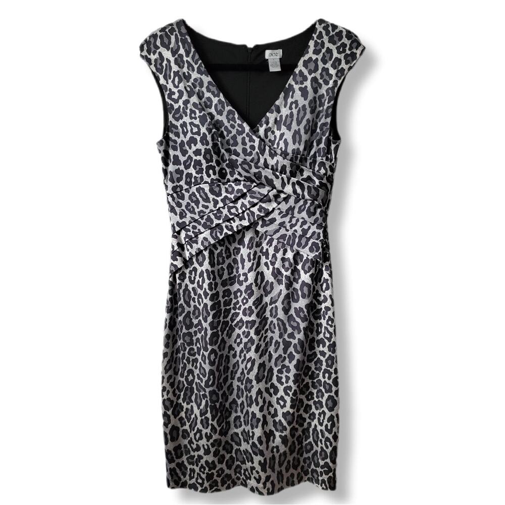 VTG 2000s Cache Gray Black Satin Cheetah Dress 6 Cocktail Bodycon Wedding Guest